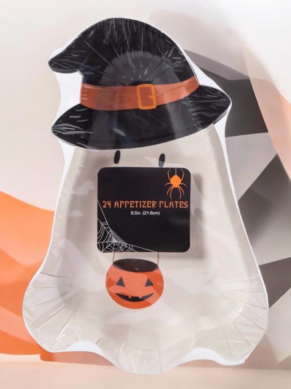 Ghost Witch Halloween Appetizer Plates - White and Black with Orange Accents